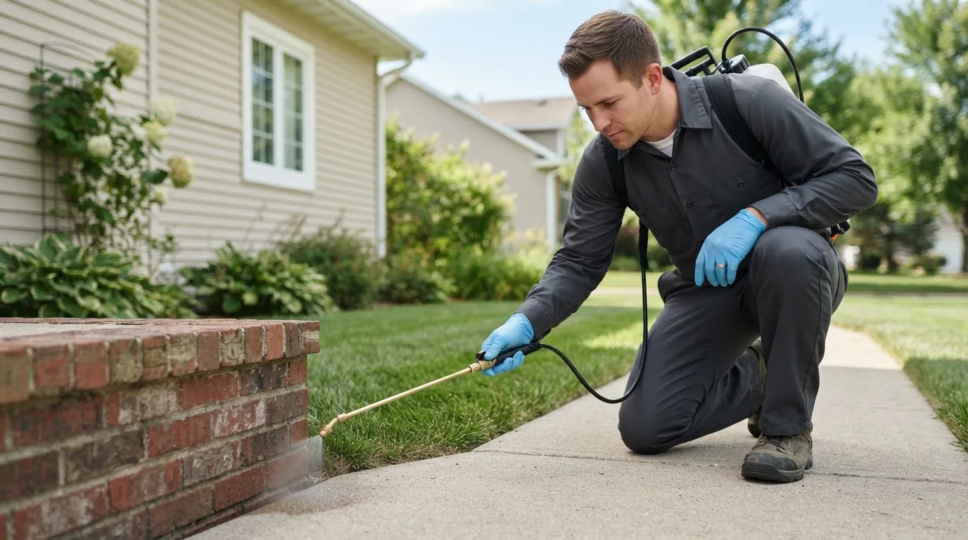 Pest control technician treating a home near Tingley, IA
