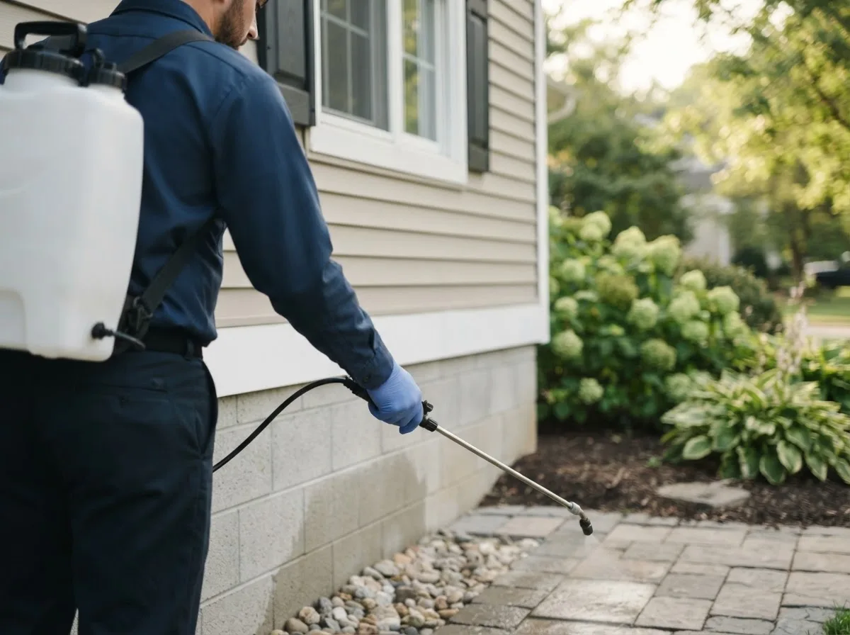 Pest control technician inspecting a home in Tingley, IA